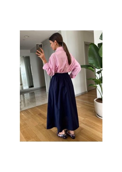 Lacivert Beli Lastikli Poplin Yandan Cepli Etek modelleri