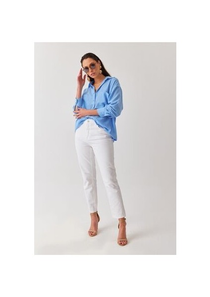 Beyaz Yüksek Bel Likralı Denim Kumaş Mom Fit Yüksek Bel Jean 2024