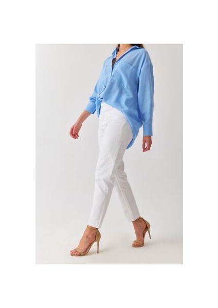 Beyaz Yüksek Bel Likralı Denim Kumaş Mom Fit Yüksek Bel Jean 2024 modelleri