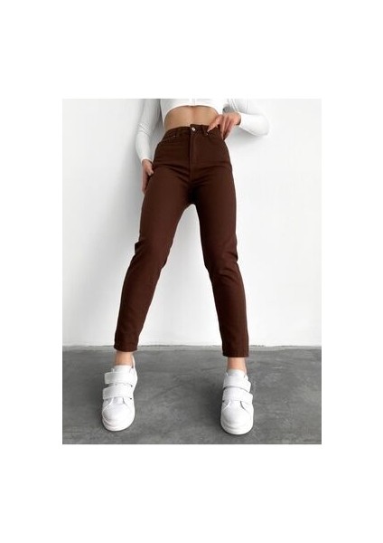 Kahverengi Mom Jeans Likralı Yüksek Bel Kahve Mom Kot Pantolon