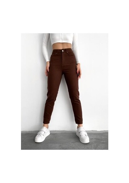 Kahverengi Mom Jeans Likralı Yüksek Bel Kahve Mom Kot Pantolon fiyatları