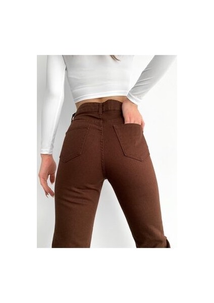 Kahverengi Mom Jeans Likralı Yüksek Bel Kahve Mom Kot Pantolon modelleri