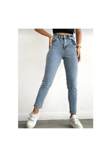 Jeans Açık Mavi Yüksek Bel Likralı Mom Jeans Pantolon
