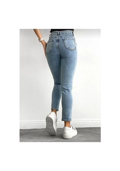 Jeans Açık Mavi Yüksek Bel Likralı Mom Jeans Pantolon fırsatları