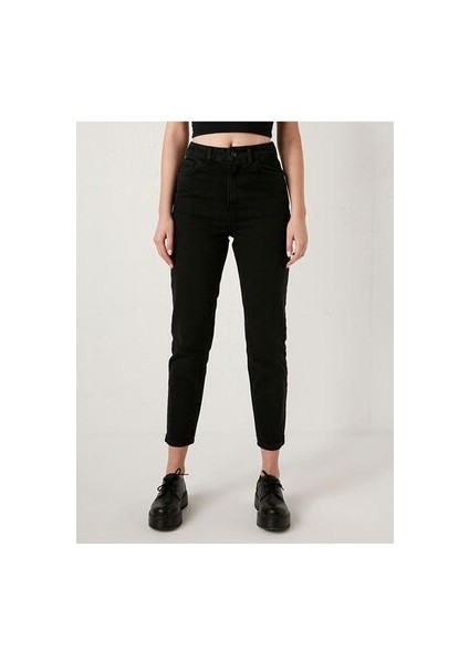 Solmaz Siyah Mom Kot Pantolon Likralı Yüksek Bel Siyah Mom Jeans Ekstra Rahat Black Mom
