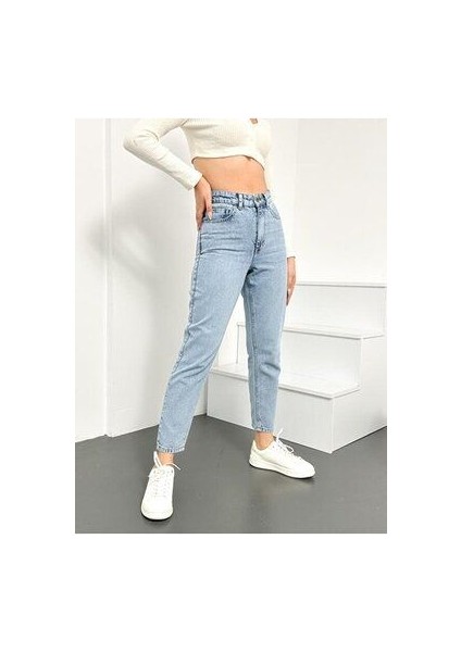Buz Mavi Kar Yıkama Mom Jeans Likralı Yüksek Bel Kot PANTOLON2024