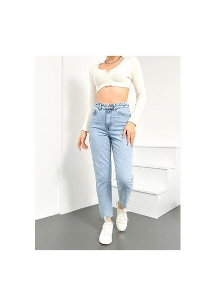 Buz Mavi Kar Yıkama Mom Jeans Likralı Yüksek Bel Kot PANTOLON2024 modelleri