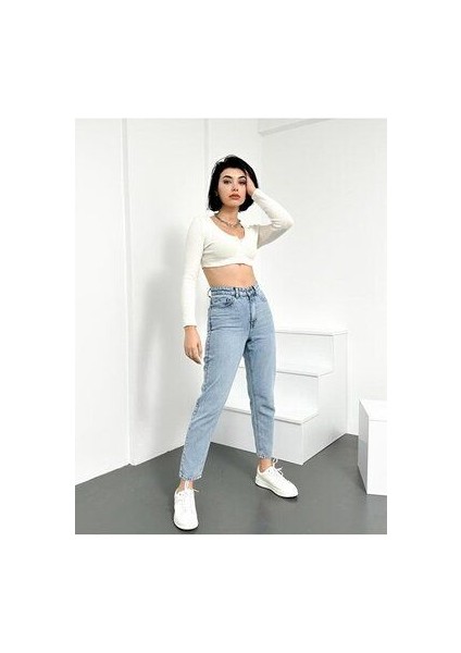 Buz Mavi Kar Yıkama Mom Jeans Likralı Yüksek Bel Kot PANTOLON2024 indirimleri
