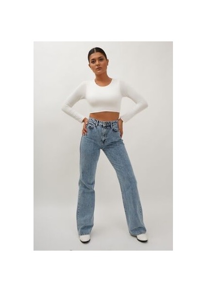 90's Kar Yıkama Mavi Likralı Süper Yüksek Bel Salaş Jeans Palazzo Pantolon