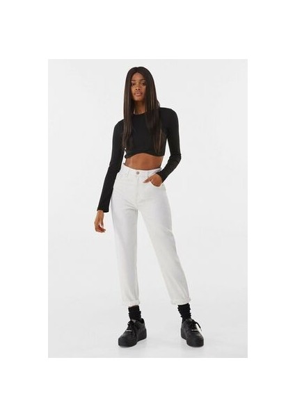 Julia Beyaz Yüksek Bel Fermuarlı Mom Fit Jean Pantolon Iç GÖSTERMEYEN2024