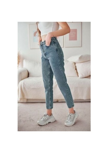 Yüksek Bel Mavi Mom Jeans Kar Yıkama Likralı Mom Jeans(1 Beden Büyük Alınız) fiyatları