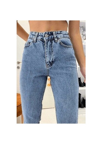 Mavi Kar Yıkama Yüksek Bel Mom Jean Kot Pantolon(1 Beden Büyük Alınız)