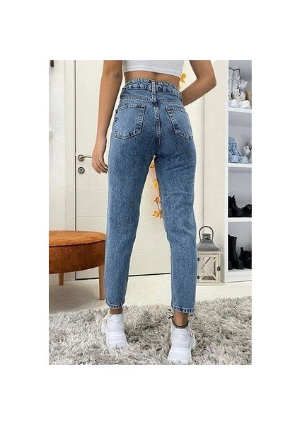Mavi Kar Yıkama Yüksek Bel Mom Jean Kot Pantolon(1 Beden Büyük Alınız)