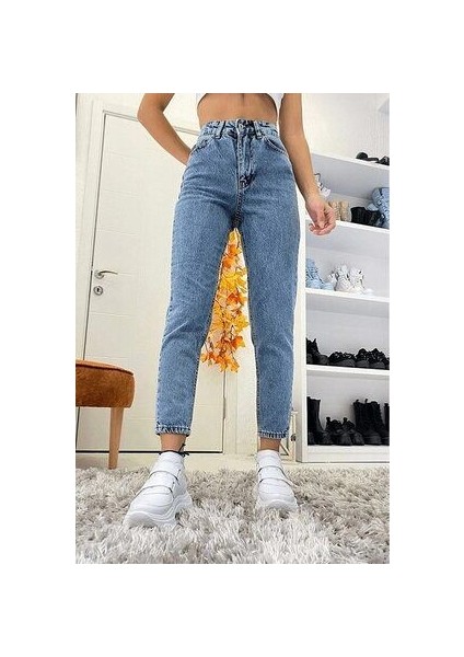 Mavi Kar Yıkama Yüksek Bel Mom Jean Kot Pantolon(1 Beden Büyük Alınız)