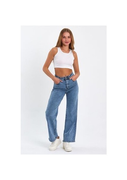 Indiana 90's Kar Yıkama Mavi Likralı Süper Yüksek Bel Wide Leg Salaş Jeans Palazzo Pantolon