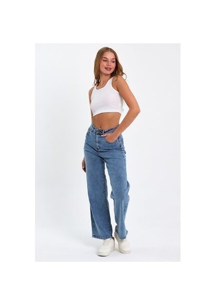 Indiana 90's Kar Yıkama Mavi Likralı Süper Yüksek Bel Wide Leg Salaş Jeans Palazzo Pantolon fırsatları