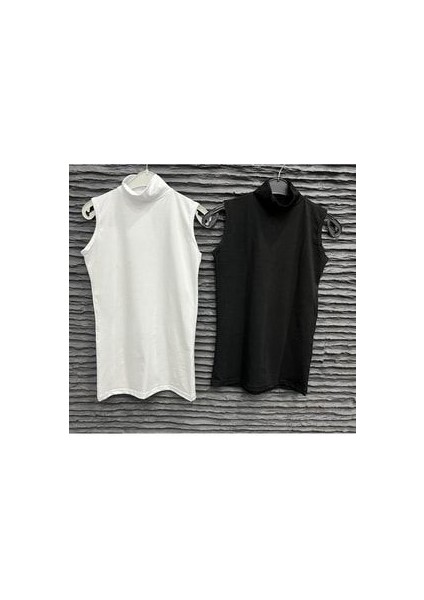 2 Adet Siyah ve Beyaz Renk Balıkçı Yaka Boğazlı Sıfır Kol (Kolsuz) Pamuklu Body