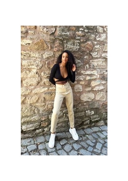 Yüksek Bel Bej Mom Jeans Likralı Esnek Kot Pantolon 2024