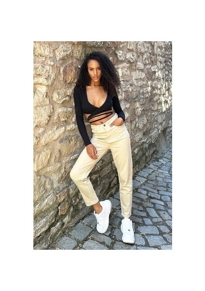 Yüksek Bel Bej Mom Jeans Likralı Esnek Kot Pantolon 2024 fiyatları