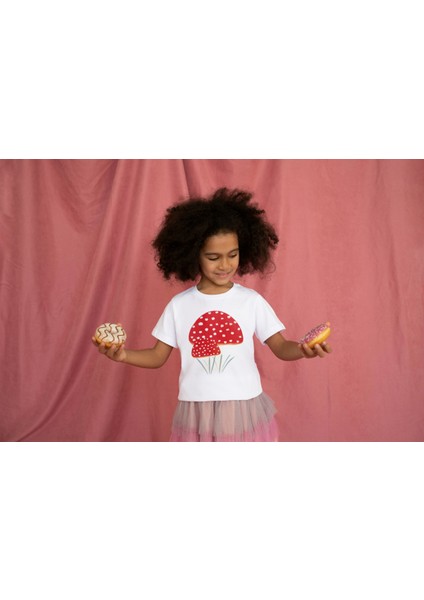 Kız Çocuk Pamuk Büyük Mantar Baskılı Kısa Kol Tshirt