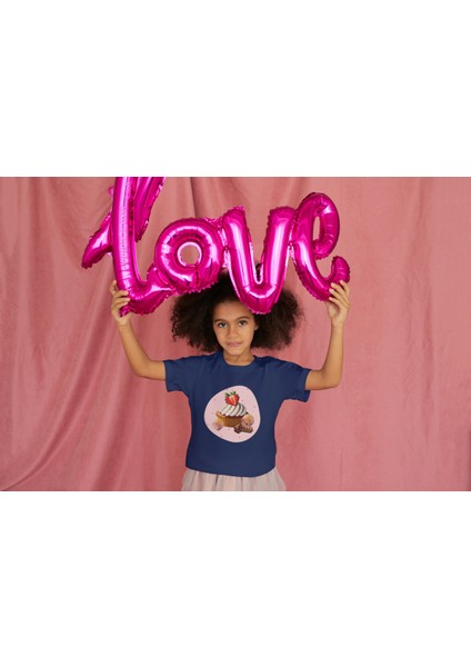 Kız Çocuk Pamuk Cup Cake Baskılı Kısa Kol Tshirt