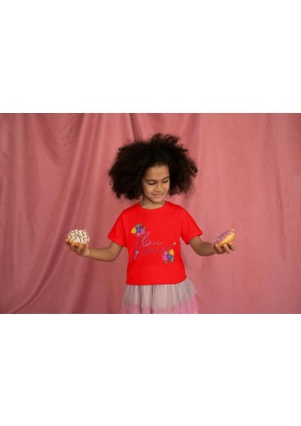 Kız Çocuk Pamuk Flowers Çiçek Baskılı Kısa Kol Tshirt