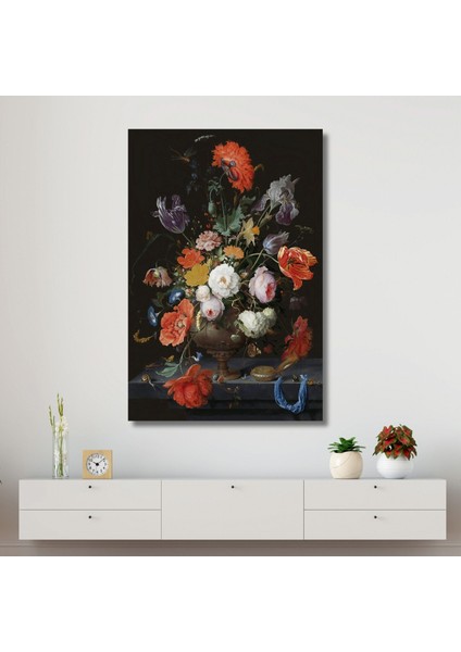 Tekli Dikey Kanvas Duvar Tablosu Siyah Arka Planda Çiçekler