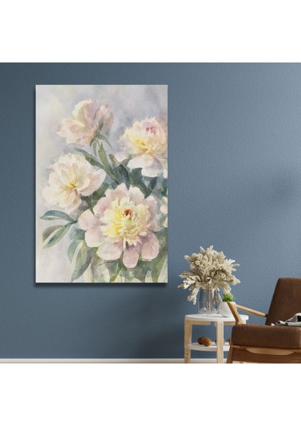 Tekli Dikey Kanvas Duvar Tablosu Pastel Pembe Sarı Çiçekler