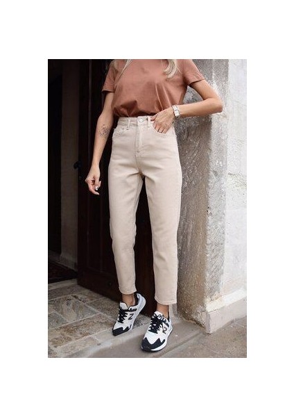 Yüksek Bel Bej Rengi Mom Jeans Likralı Esnek Kot Pantolon