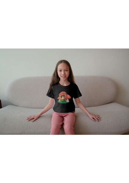 Kız Çocuk Pamuk 3 Mantar Baskılı Kısa Kol Tshirt