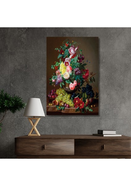 Tekli Dikey Kanvas Duvar Tablosu Üzümler ve Çiçekler Dizayn