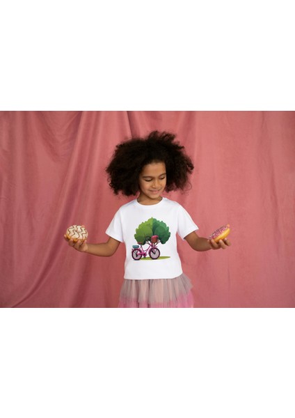 Kız Çocuk Pamuk Fuşya Bisiklet Baskılı Kısa Kol Tshirt
