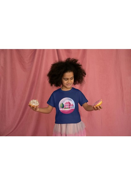 Kız Çocuk Pamuk Fuşya Ev Baskılı Kısa Kol Tshirt