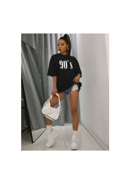 90 Lar Siyah Oversize T-Shirt Salaş Boyfirend fırsatları