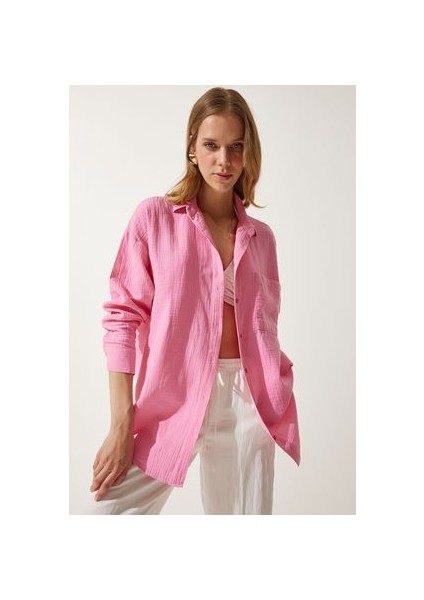 Oversize Basic Müslin Gömlek Açık Pembe