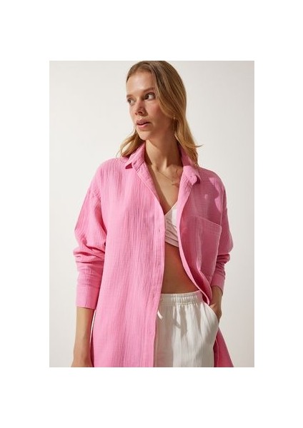 Oversize Basic Müslin Gömlek Açık Pembe