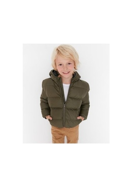 Çocuk Su ve Rüzgar Geçirmez Kapüşonlu Coat Şişme Mont _haki