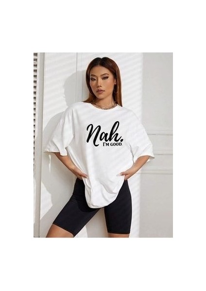 Nah Baskılı Siyah Oversize T-Shirt Salaş Boyfirend modelleri