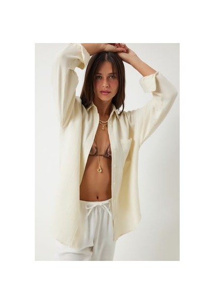 Oversize Basic Müslin Gömlek Açık Krem