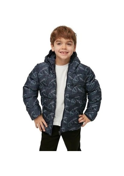 Çocuk Su ve Rüzgar Geçirmez Baskılı Kapüşonlu Coat Şişme Mont