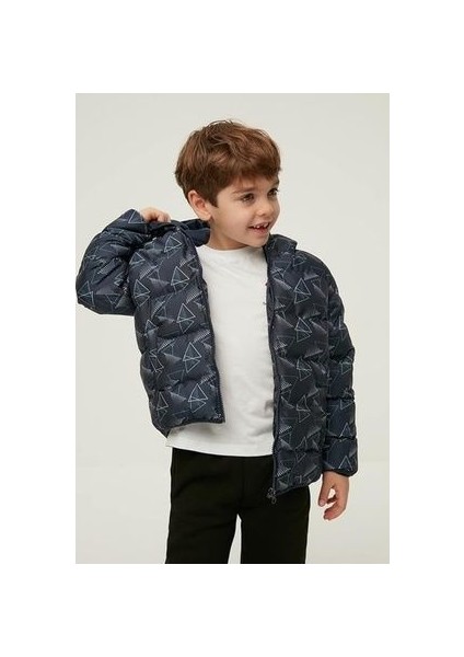 Çocuk Su ve Rüzgar Geçirmez Baskılı Kapüşonlu Coat Şişme Mont