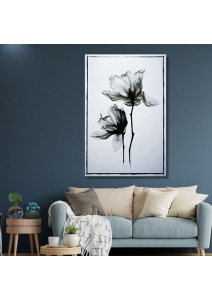 Tekli Dikey Kanvas Duvar Tablosu Siyah Beyaz Sanatsal Çiçek