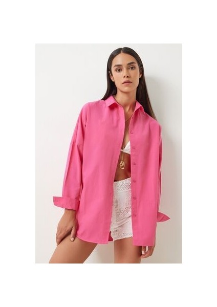 Oversize Basic Gömlek Koyu Pembe