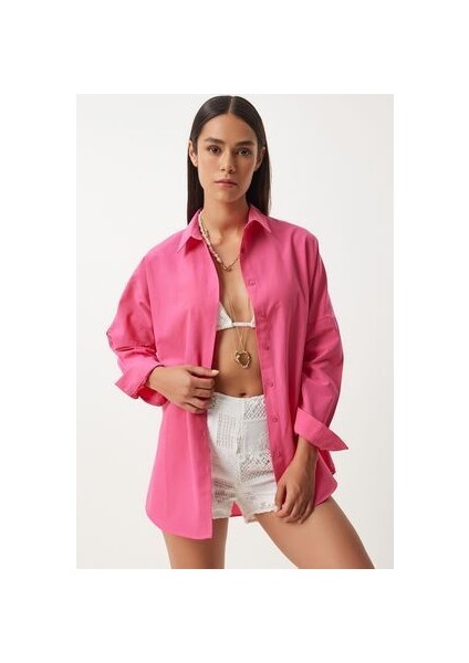 Oversize Basic Gömlek Koyu Pembe