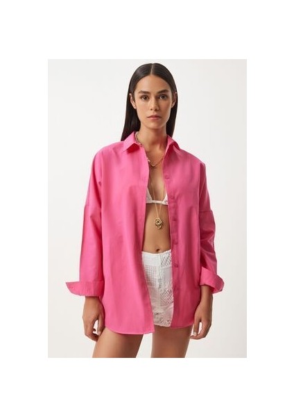 Oversize Basic Gömlek Koyu Pembe