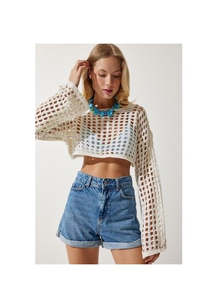Delikli Mevsimlik Crop Triko Bluz Krem fiyatları