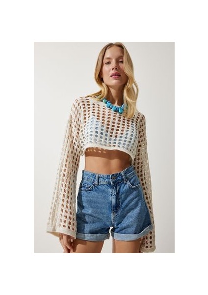 Delikli Mevsimlik Crop Triko Bluz Krem modelleri