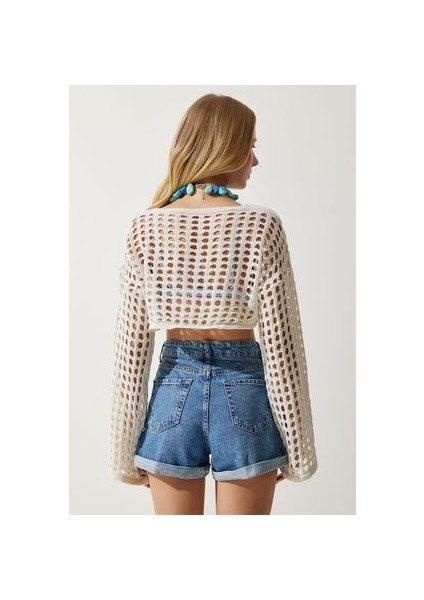 Delikli Mevsimlik Crop Triko Bluz Krem indirimleri