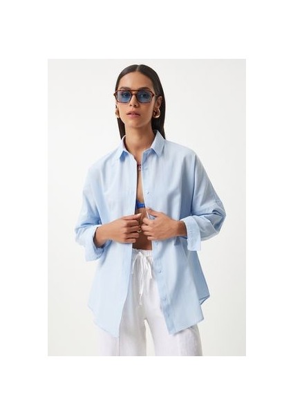 Oversize Basic Gömlek Gök Mavi