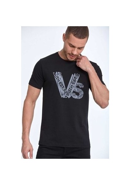 Vs Baskılı Pamuklu Bisiklet Yaka Tişört Siyah